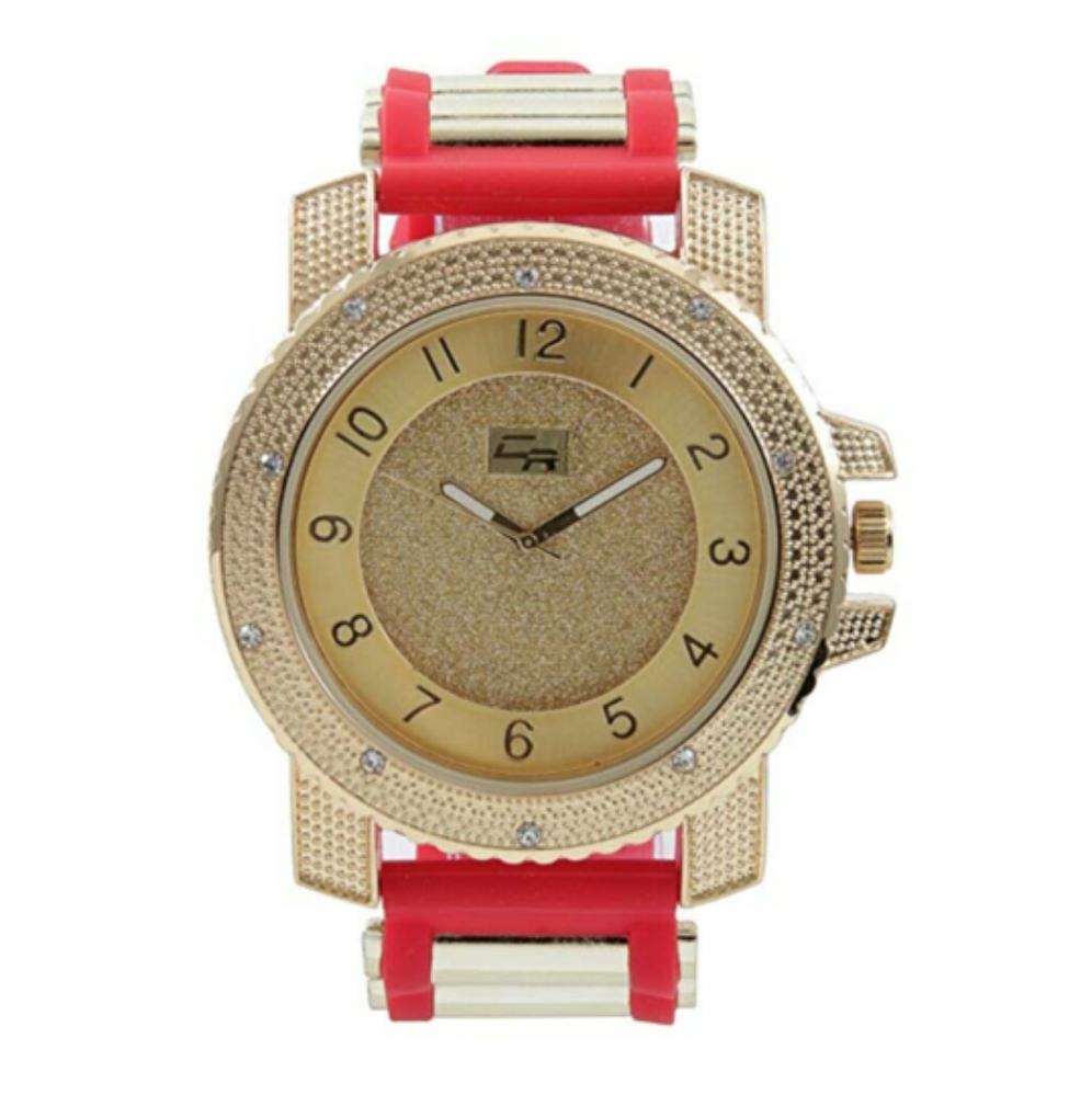 Gold Big Face Watch Diamonds Red Rubber Strap Iced
